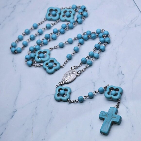 Turquoise Catholic Rosary Cross Religious Praying Fashion Necklace NWOT - Picture 6 of 11